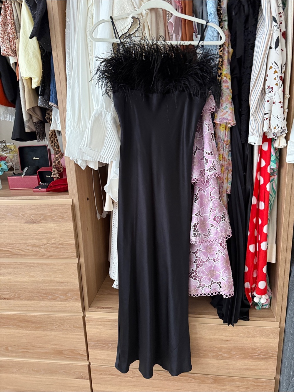 cinq a sept Black Strapless Feather-Trim Satin Gown